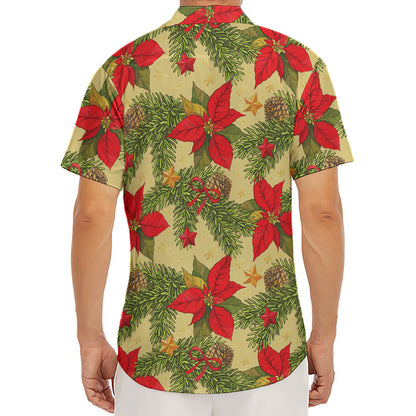 Vintage Christmas Poinsettia Print Men's Deep V-Neck Shirt