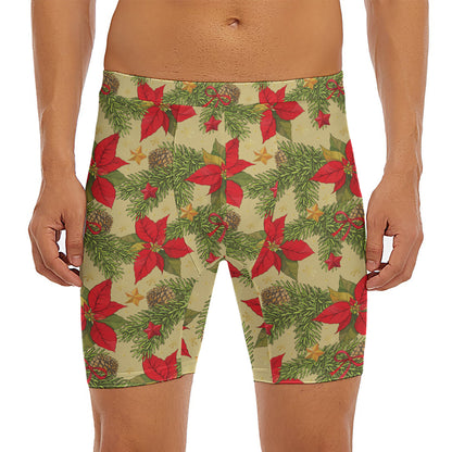 Vintage Christmas Poinsettia Print Men's Long Boxer Briefs