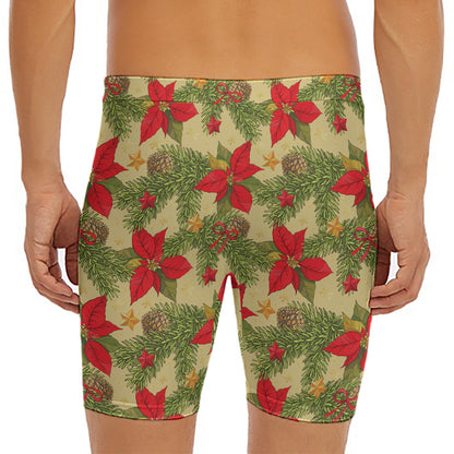 Vintage Christmas Poinsettia Print Men's Long Boxer Briefs