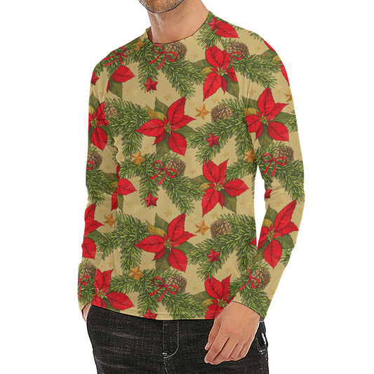 Vintage Christmas Poinsettia Print Men's Long Sleeve Rash Guard