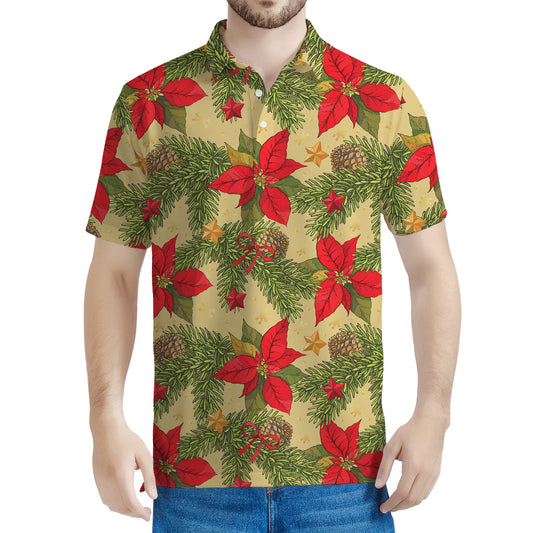 Vintage Christmas Poinsettia Print Men's Polo Shirt