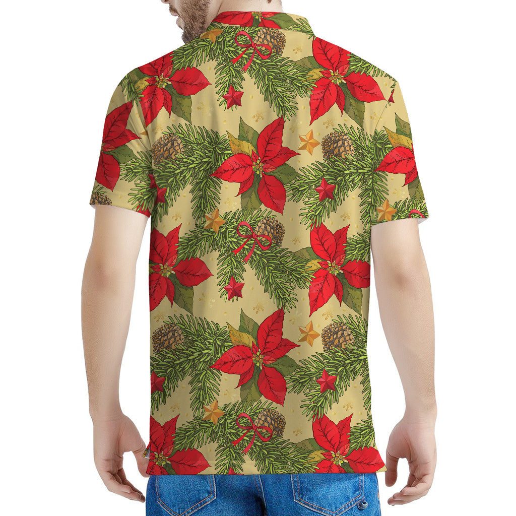 Vintage Christmas Poinsettia Print Men's Polo Shirt