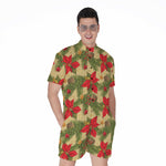Vintage Christmas Poinsettia Print Men's Rompers