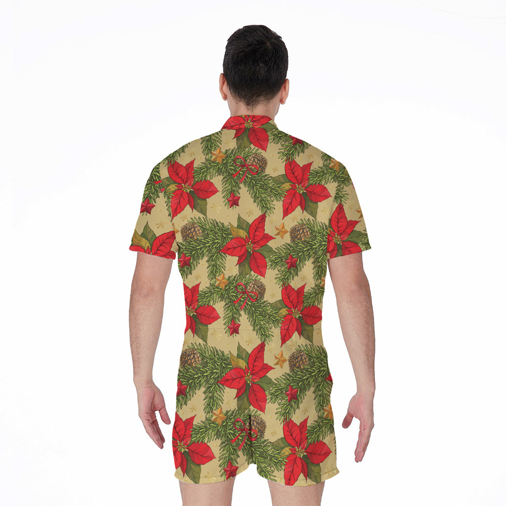 Vintage Christmas Poinsettia Print Men's Rompers