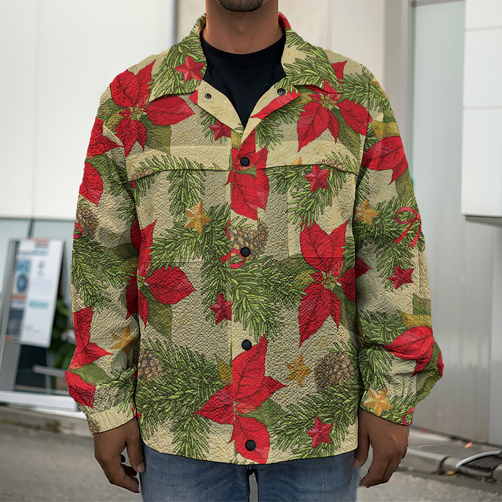 Vintage Christmas Poinsettia Print Men's Shirt Jacket