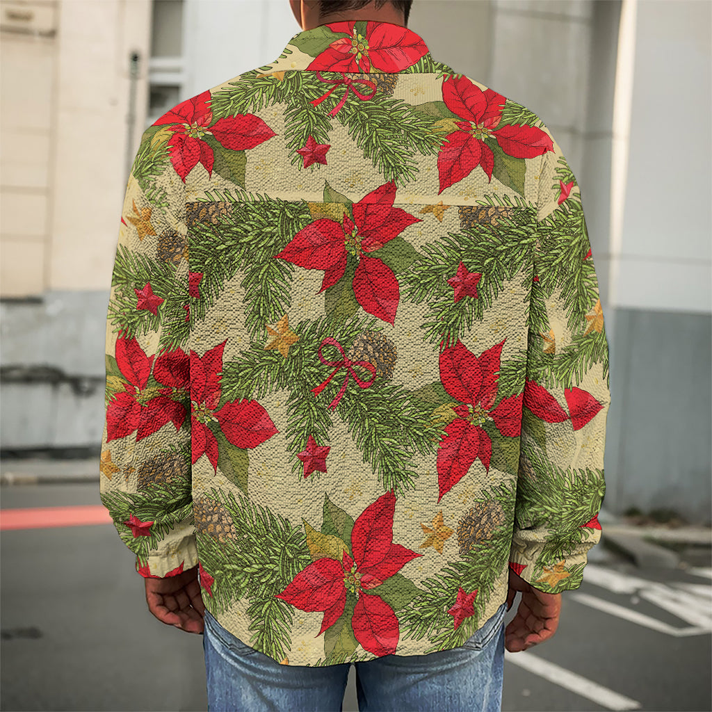 Vintage Christmas Poinsettia Print Men's Shirt Jacket