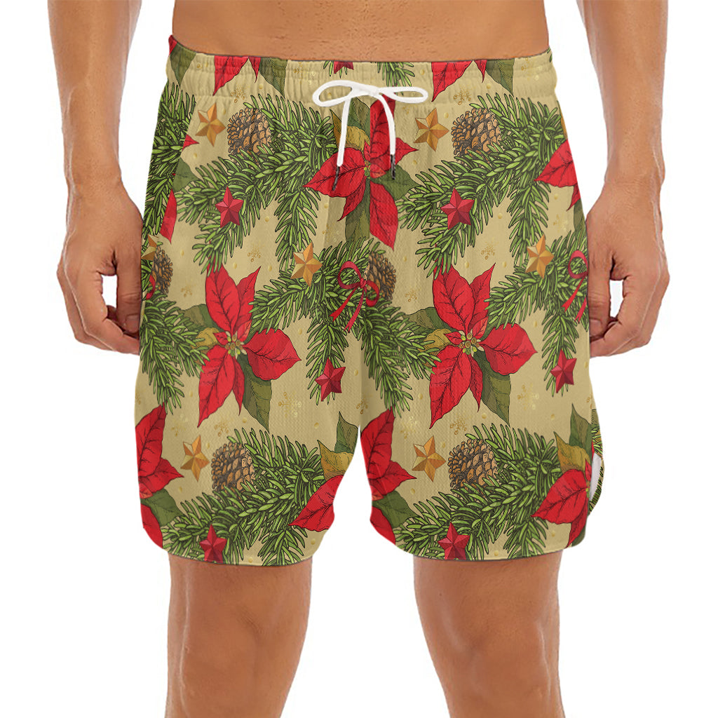 Vintage Christmas Poinsettia Print Men's Split Running Shorts