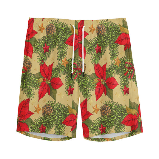 Vintage Christmas Poinsettia Print Men's Sports Shorts