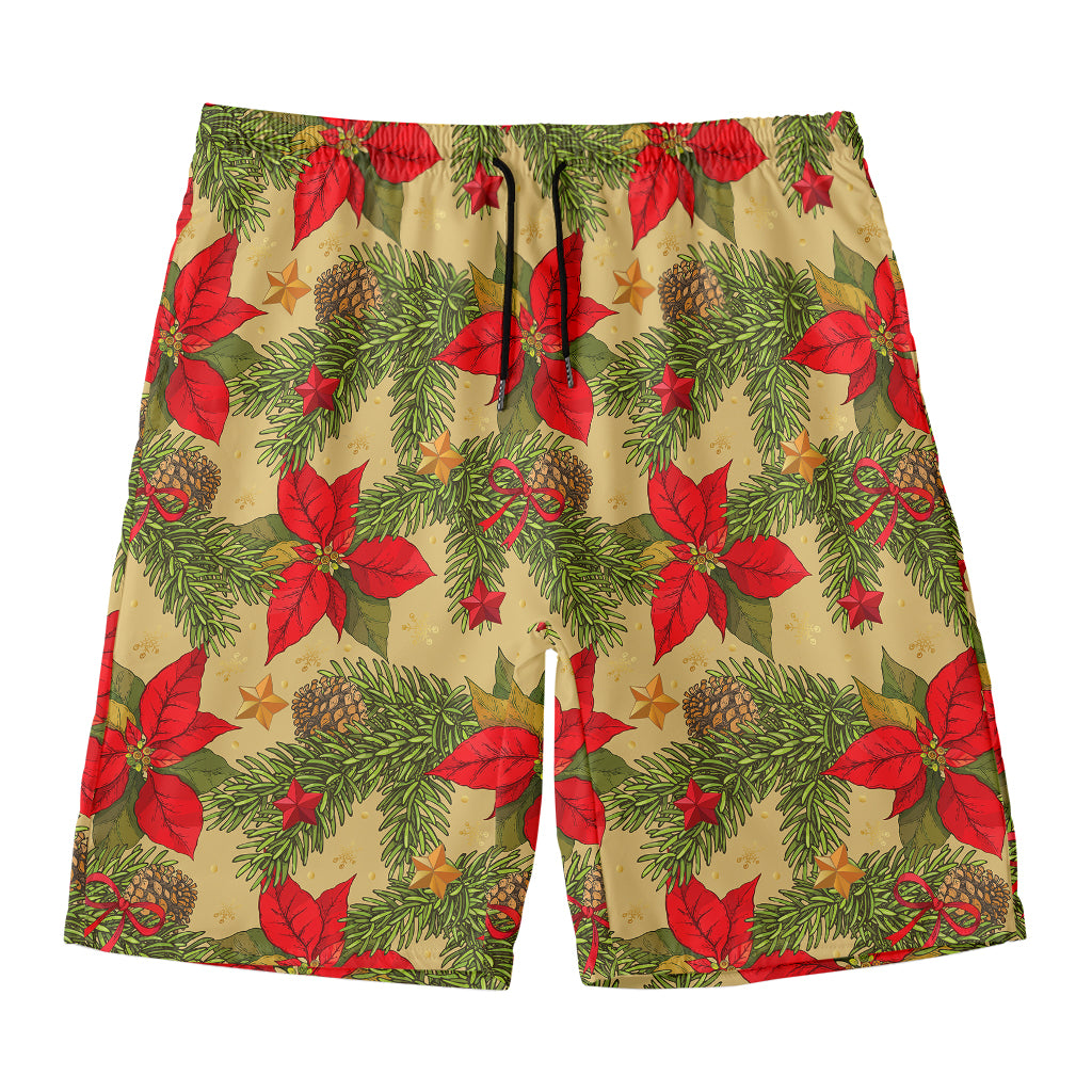 Vintage Christmas Poinsettia Print Men's Swim Trunks