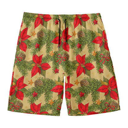 Vintage Christmas Poinsettia Print Men's Swim Trunks