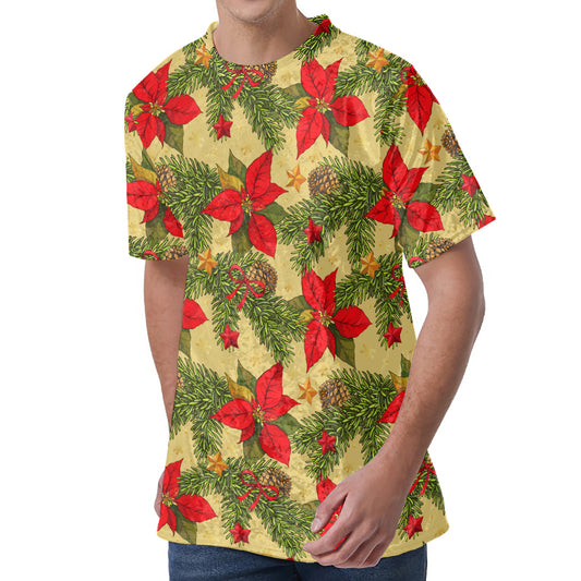 Vintage Christmas Poinsettia Print Men's Velvet T-Shirt