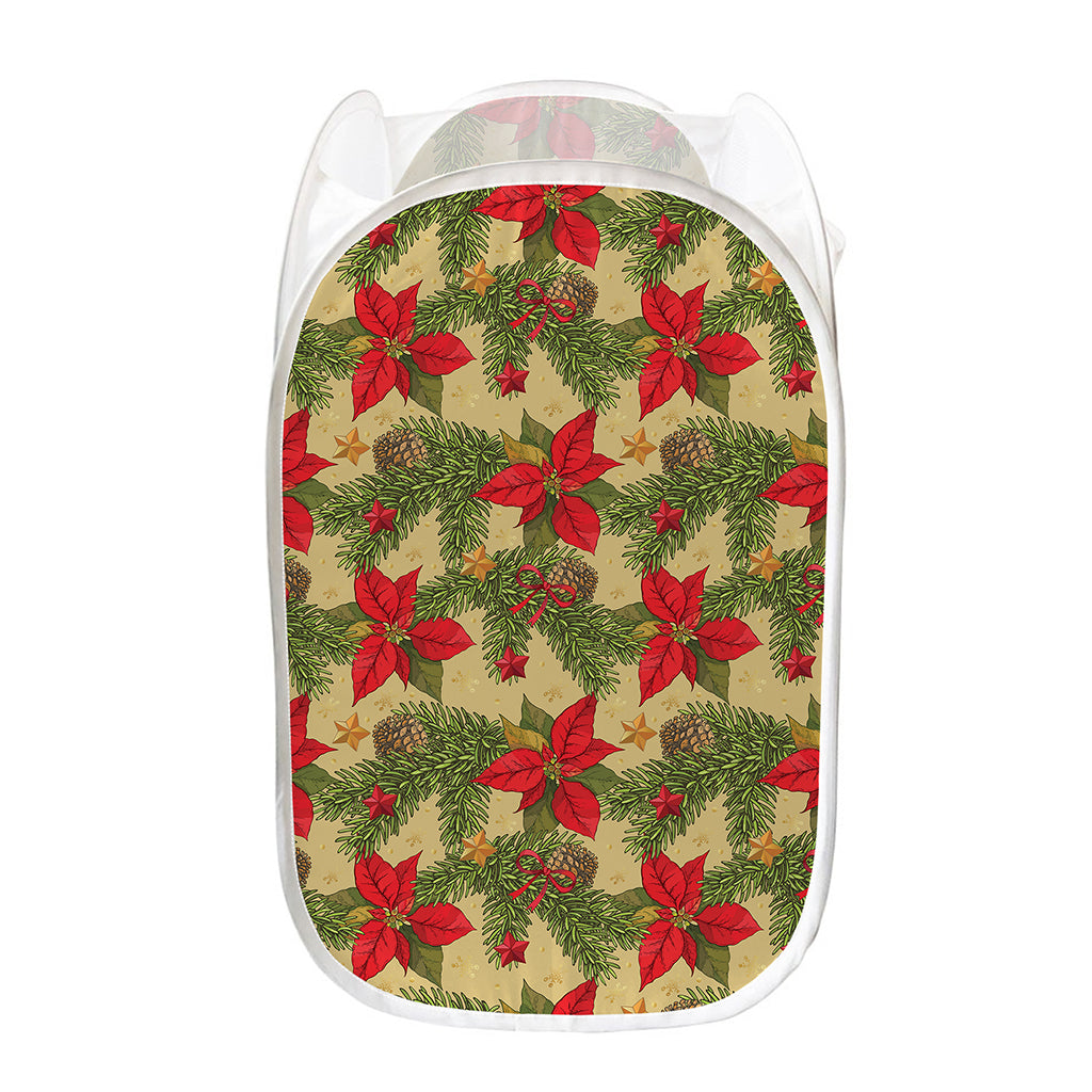 Vintage Christmas Poinsettia Print Mesh Laundry Hamper
