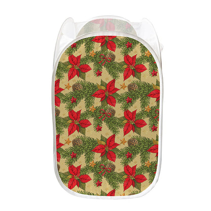 Vintage Christmas Poinsettia Print Mesh Laundry Hamper