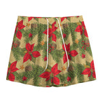 Vintage Christmas Poinsettia Print Mesh Shorts
