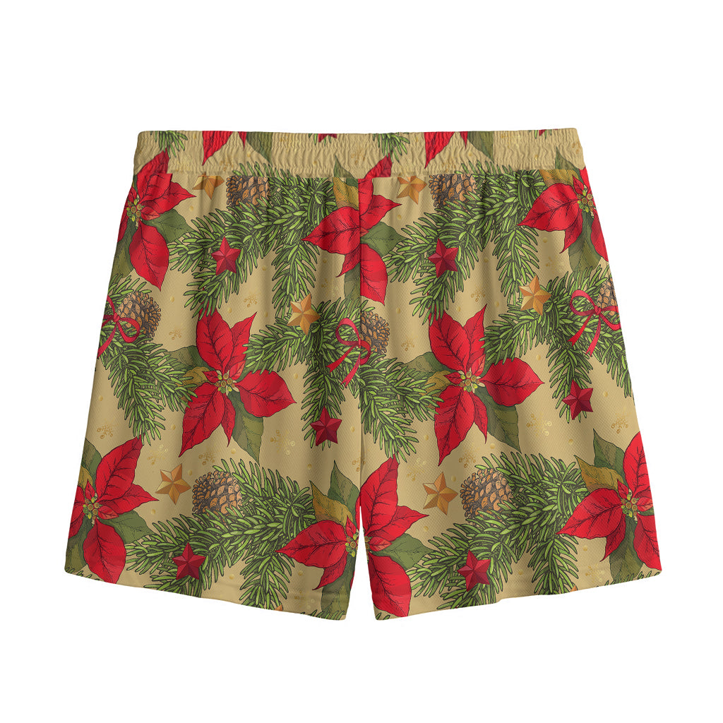 Vintage Christmas Poinsettia Print Mesh Shorts