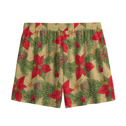 Vintage Christmas Poinsettia Print Mesh Shorts