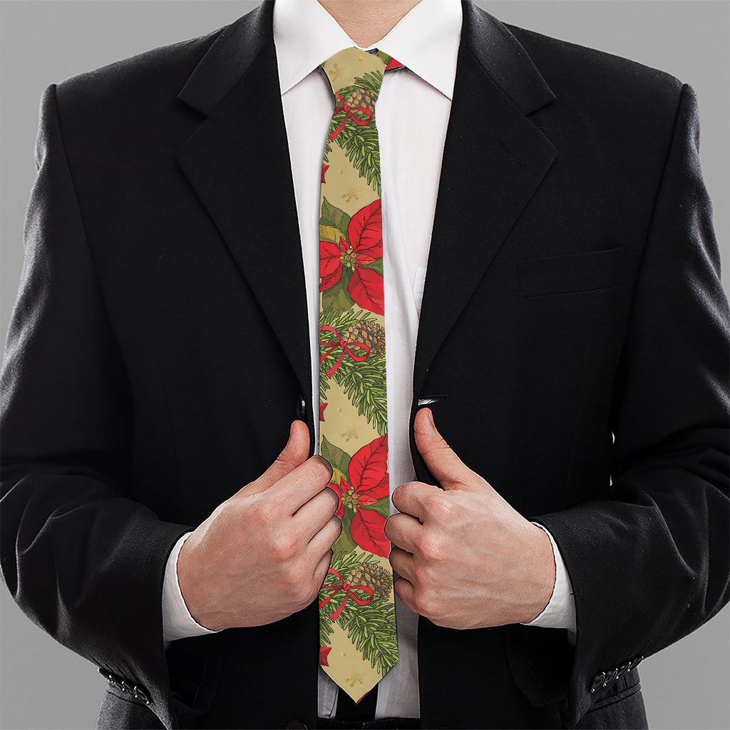Vintage Christmas Poinsettia Print Necktie