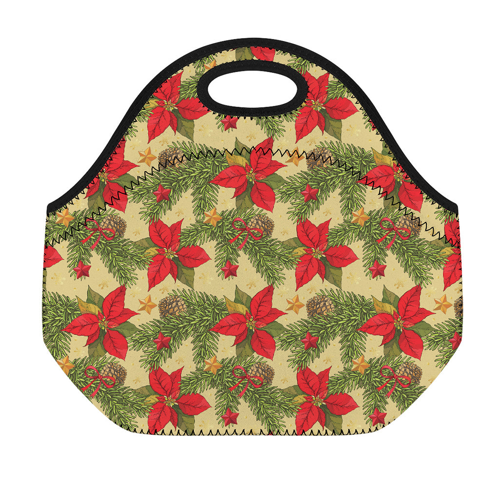 Vintage Christmas Poinsettia Print Neoprene Lunch Bag