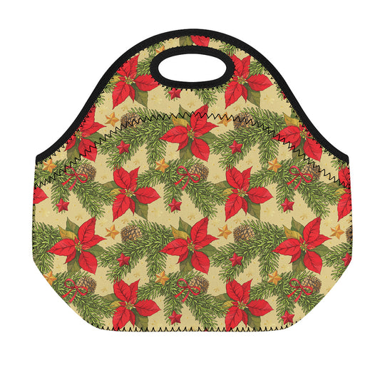 Vintage Christmas Poinsettia Print Neoprene Lunch Bag
