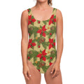 Vintage Christmas Poinsettia Print One Piece Swimsuit