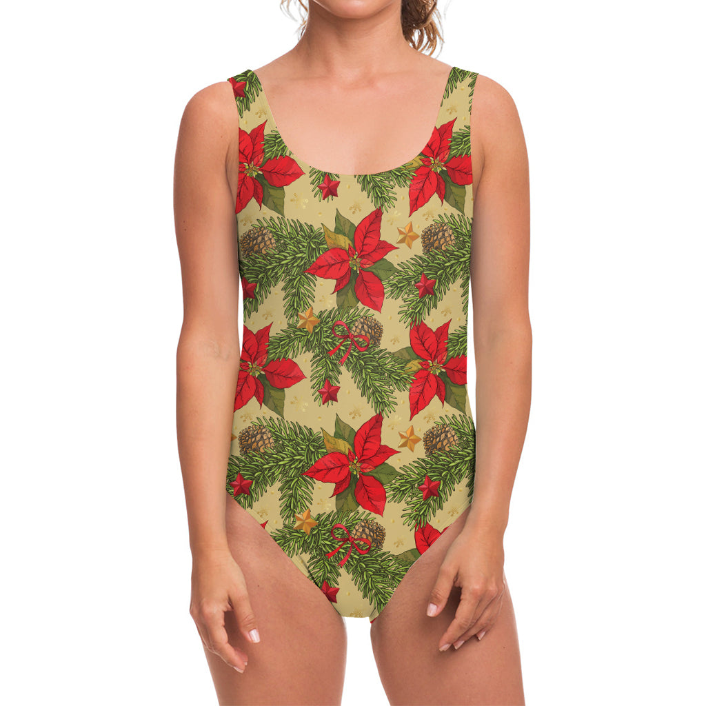 Vintage Christmas Poinsettia Print One Piece Swimsuit
