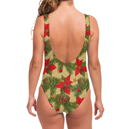 Vintage Christmas Poinsettia Print One Piece Swimsuit