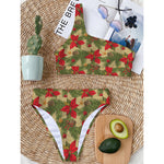 Vintage Christmas Poinsettia Print One Shoulder Bikini Top