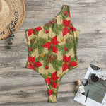Vintage Christmas Poinsettia Print One Shoulder Bodysuit