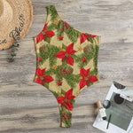 Vintage Christmas Poinsettia Print One Shoulder Bodysuit