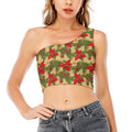 Vintage Christmas Poinsettia Print One Shoulder Crop Top
