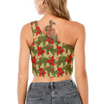 Vintage Christmas Poinsettia Print One Shoulder Crop Top