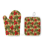 Vintage Christmas Poinsettia Print Oven Mitt And Pot Holder Set