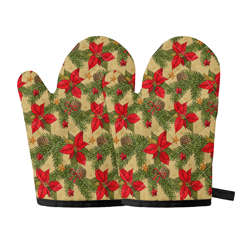 Vintage Christmas Poinsettia Print Oven Mitts