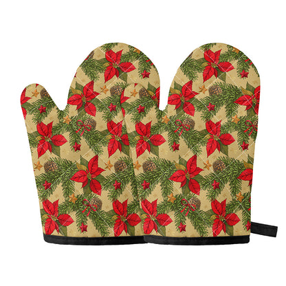 Vintage Christmas Poinsettia Print Oven Mitts