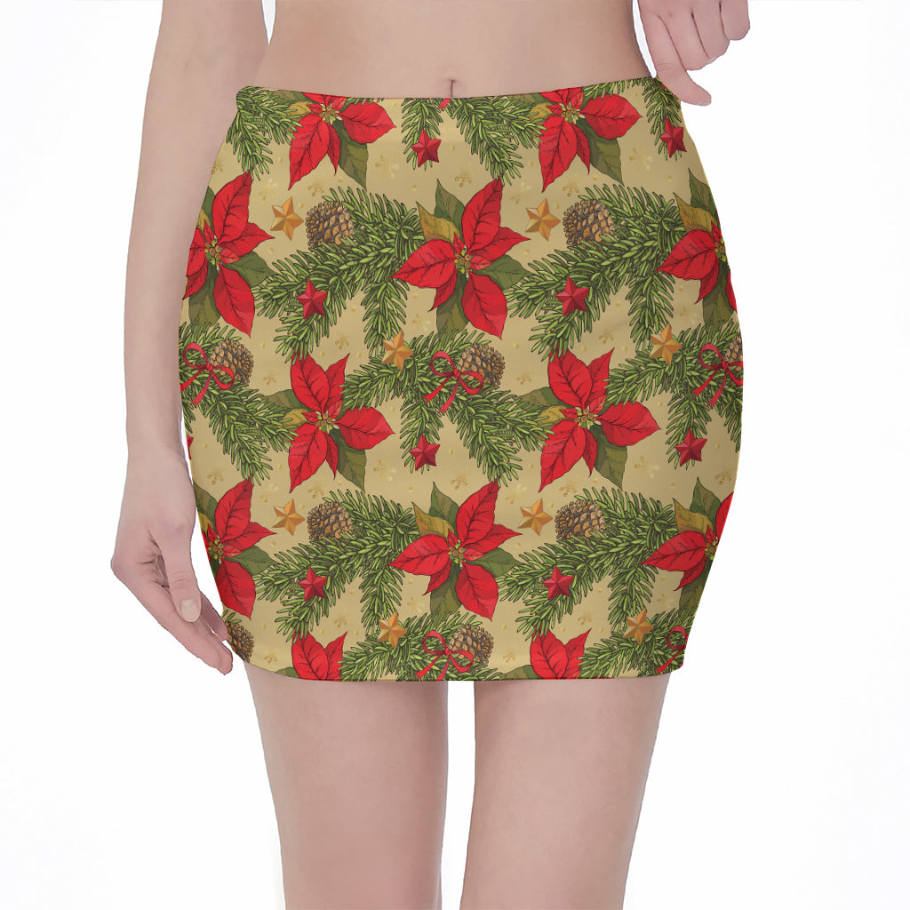 Vintage Christmas Poinsettia Print Pencil Mini Skirt