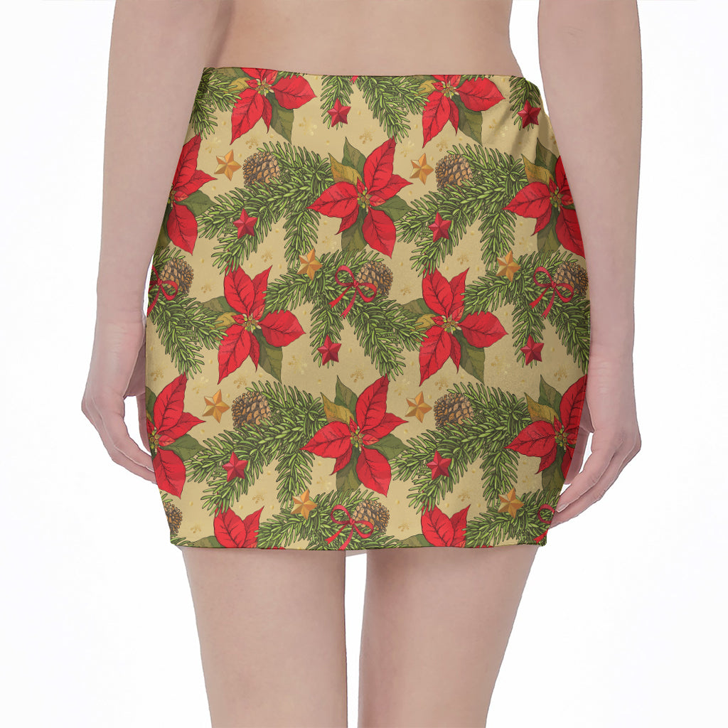 Vintage Christmas Poinsettia Print Pencil Mini Skirt
