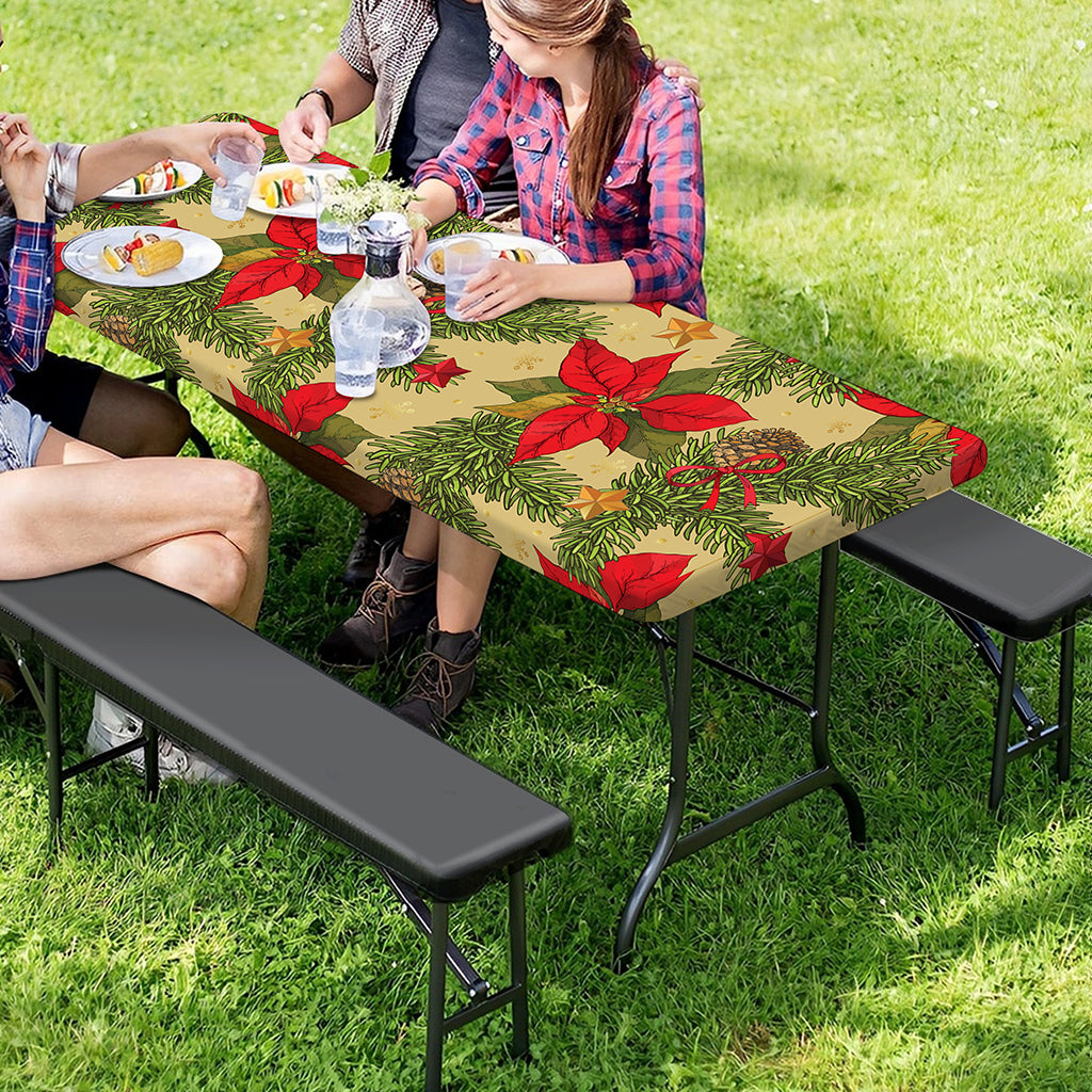 Vintage Christmas Poinsettia Print Picnic Table Cover