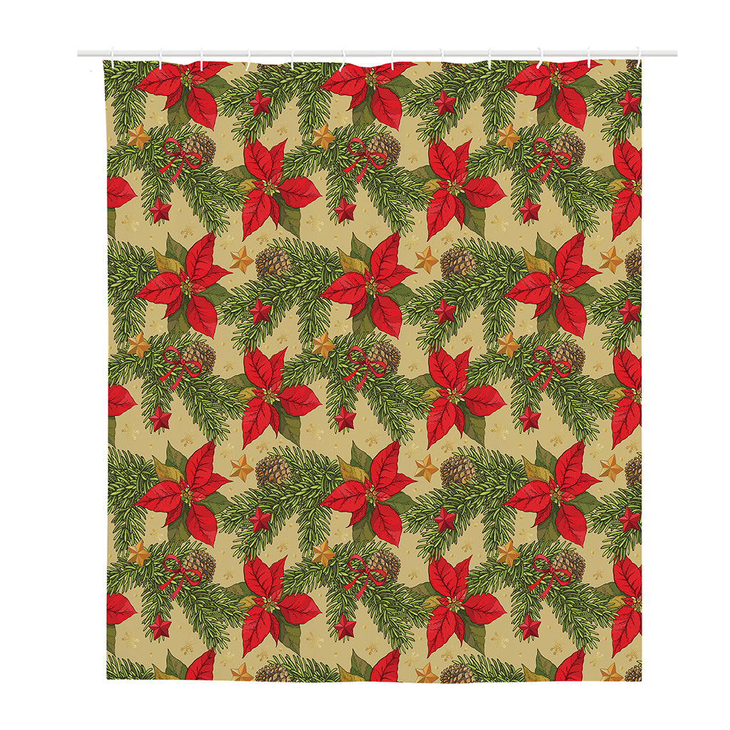 Vintage Christmas Poinsettia Print Polyester Shower Curtain
