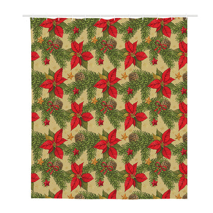 Vintage Christmas Poinsettia Print Polyester Shower Curtain