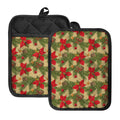 Vintage Christmas Poinsettia Print Pot Holders With Pocket