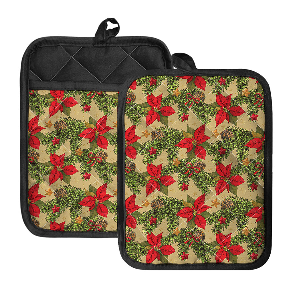 Vintage Christmas Poinsettia Print Pot Holders With Pocket
