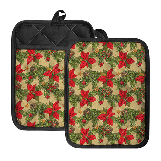 Vintage Christmas Poinsettia Print Pot Holders With Pocket