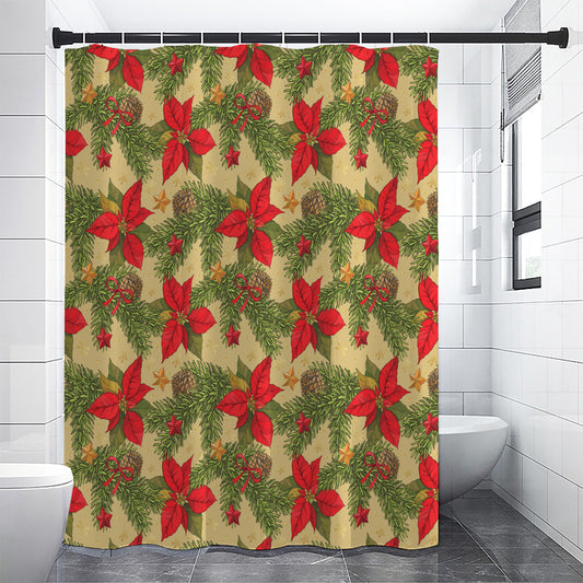 Vintage Christmas Poinsettia Print Premium Shower Curtain