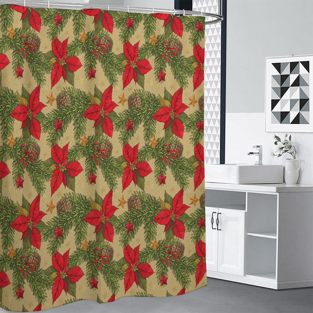 Vintage Christmas Poinsettia Print Premium Shower Curtain