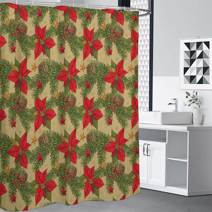 Vintage Christmas Poinsettia Print Premium Shower Curtain