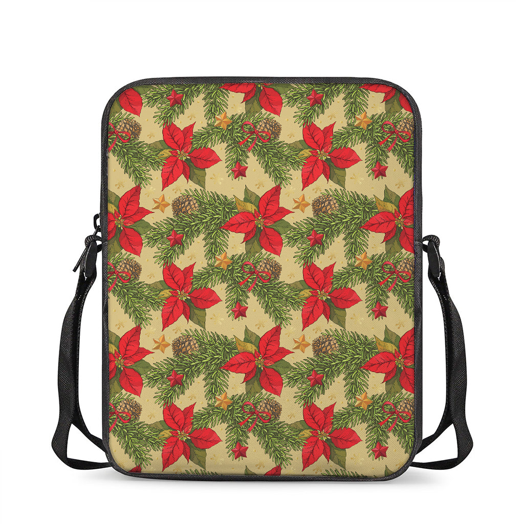 Vintage Christmas Poinsettia Print Rectangular Crossbody Bag