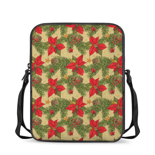 Vintage Christmas Poinsettia Print Rectangular Crossbody Bag