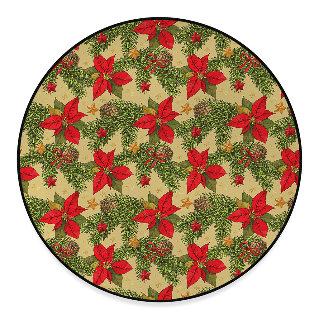 Vintage Christmas Poinsettia Print Round Floor Mat