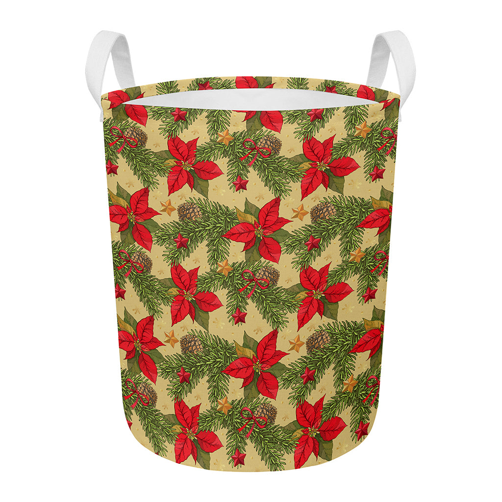 Vintage Christmas Poinsettia Print Round Laundry Basket