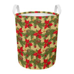 Vintage Christmas Poinsettia Print Round Laundry Basket